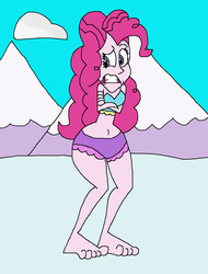 Size: 955x1257 | Tagged: safe, artist:hunterxcolleen, pinkie pie, equestria girls, g4, belly button, bikini, clothes, cold, female, freezing, freezing fetish, humanized, mountain, shivering, snow, solo, swimsuit