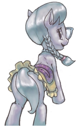 Size: 374x600 | Tagged: safe, artist:conoghi, silver spoon, earth pony, pony, g4, female, filly, glasses, looking at you, looking back, looking back at you, pixiv, solo