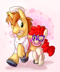 Size: 1400x1694 | Tagged: safe, artist:thedoggygal, donut joe, twist, earth pony, pony, unicorn, g4, candy, candy cane, donut, duo, duo male and female, female, filly, foal, food, friendshipping, glasses, male, one eye closed, running, stallion, wink