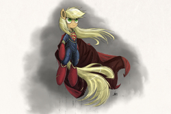 Size: 2500x1670 | Tagged: safe, artist:ncmares, applejack, g4, app-el, clothes, costume, crossover, female, loose hair, male, simple background, solo, superman, supermare