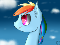 Size: 1600x1200 | Tagged: safe, artist:deviousfate, rainbow dash, g4, cloud, cloudy, female, grin, ponytail, sky, solo