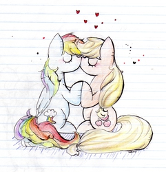 Size: 1861x1927 | Tagged: safe, artist:wonderwal, applejack, rainbow dash, g4, female, kissing, lesbian, lined paper, ship:appledash, shipping, traditional art