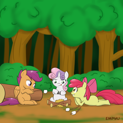 Size: 1000x1000 | Tagged: safe, artist:empyu, apple bloom, scootaloo, sweetie belle, earth pony, pegasus, pony, unicorn, g4, 30 minute art challenge, campfire, cutie mark crusaders, food, forest, marshmallow, this will end in fire, this will end in tears, trio