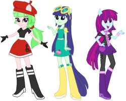 Size: 727x581 | Tagged: safe, artist:pdorothynics, blueberry cake, drama letter, mystery mint, watermelody, equestria girls, g4, background human, beret, clothes, ponied up, pony ears, skirt