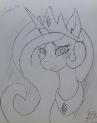 Size: 1005x1280 | Tagged: safe, artist:swordkirby, princess celestia, g4, female, grayscale, monochrome, solo