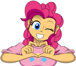 Size: 1850x1600 | Tagged: safe, artist:koopa-master, pinkie pie, human, g4, female, heart, humanized, looking at you, one eye closed, simple background, solo, white background, wink, winking at you