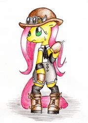 Size: 500x700 | Tagged: safe, artist:unousaya, fluttershy, g4, black neckwear, bowler hat, female, goggles, hat, jabot, neckwear, pixiv, solo, steampunk, traditional art