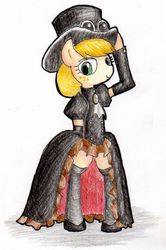 Size: 500x752 | Tagged: safe, artist:unousaya, applejack, earth pony, semi-anthro, g4, arm hooves, arm warmers, black dress, brooch, clothes, dress, female, goggles, hat, jabot, jewelry, pixiv, solo, steampunk, stockings, thigh highs, top hat, traditional art