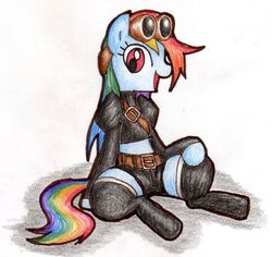 Size: 680x641 | Tagged: safe, artist:unousaya, rainbow dash, g4, clothes, daisy dukes, female, pixiv, solo, steampunk, traditional art