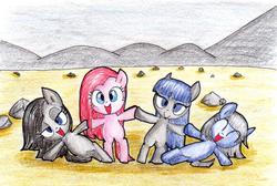 Size: 891x597 | Tagged: safe, artist:unousaya, limestone pie, marble pie, maud pie, pinkie pie, earth pony, pony, g4, bipedal, cute, eyes closed, happy, looking at you, open mouth, pie sisters, smiling, traditional art, when she smiles