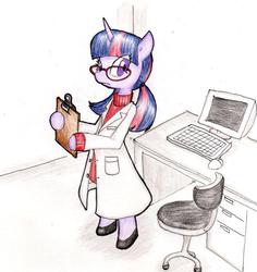 Size: 773x819 | Tagged: dead source, safe, artist:unousaya, twilight sparkle, pony, semi-anthro, g4, alternate hairstyle, arm hooves, bipedal, chair, clipboard, clothes, computer, desk, female, glasses, lab coat, solo, traditional art, twilight's professional glasses, twintails