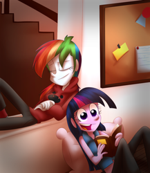 Size: 1000x1152 | Tagged: safe, artist:fj-c, rainbow dash, twilight sparkle, equestria girls, g4, awesome face, book, bulletin board, clothes, pillow, smiling, sweater