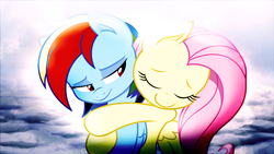 Size: 3840x2160 | Tagged: dead source, safe, artist:j-arkried-f, artist:joey darkmeat, artist:tim015, fluttershy, rainbow dash, pony, g4, duo, female, high res, hug, lesbian, ship:flutterdash, shipping