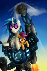 Size: 1000x1500 | Tagged: safe, artist:jedayskayvoker, dj pon-3, scootaloo, vinyl scratch, g4, duo, flying, jetpack, mecha