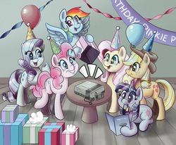 Size: 1626x1341 | Tagged: dead source, safe, artist:solarsourced, applejack, fluttershy, pinkie pie, rainbow dash, rarity, twilight sparkle, g4, mane six, nintendo, nintendo entertainment system, present