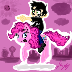 Size: 432x432 | Tagged: safe, artist:leyzy, pinkie pie, g4, crossover, dan, dan pie, dan vs, female, humans riding ponies, male, pointing, riding, shipping, straight