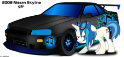 Size: 1200x559 | Tagged: safe, artist:jonpablo45, artist:sdc2012, dj pon-3, vinyl scratch, g4, car, female, nissan, nissan skyline, skyline r34, solo, supercar