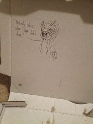 Size: 581x775 | Tagged: safe, spitfire, g4, female, goggles, monochrome, pizza, pizza box, sketch, solo, traditional art, wonderbolts uniform