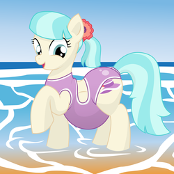 Size: 10800x10800 | Tagged: safe, artist:xniclord789x, coco pommel, earth pony, pony, g4, absurd resolution, alternate hairstyle, beach, belly, big belly, clothes, coco preggo, female, mare, one-piece swimsuit, open mouth, open-back swimsuit, ponytail, pregnant, raised leg, solo, swimsuit
