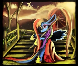 Size: 965x827 | Tagged: dead source, safe, artist:auroriia, rainbow dash, pegasus, pony, semi-anthro, g4, alternate hairstyle, bipedal, female, impossibly large ears, looking at you, mare, scenery, signature, solo, stairs, umbrella