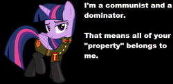 Size: 512x250 | Tagged: safe, twilight sparkle, pony, unicorn, g4, bedroom eyes, bronybait, clothes, communism, female, femdom, looking at you, mare, military, sergeant, smiling, solo, text, twilight sparkle (alicorn), uniform