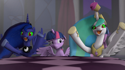 Size: 1920x1080 | Tagged: safe, artist:argodaemon, princess celestia, princess luna, twilight sparkle, alicorn, pony, 3d, cheering, confused, cupcake, female, floppy ears, green eyes, looking at you, mare, open mouth, smiling, source filmmaker, spread wings, twilight sparkle (alicorn), wat, wide eyes, worried