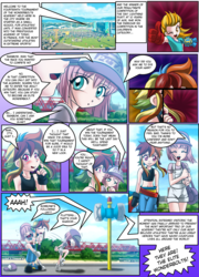 Size: 997x1385 | Tagged: safe, artist:mauroz, fluttershy, lightning dust, rainbow dash, human, g4, belly button, clothes, comic, cropped, fingerless gloves, gloves, humanized, midriff, sports bra