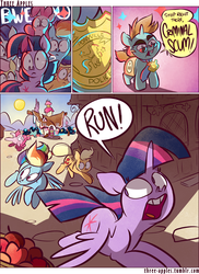 Size: 944x1294 | Tagged: safe, artist:capnpea, artist:kefkafloyd, applejack, fluttershy, pinkie pie, rainbow dash, rarity, snips, twilight sparkle, alicorn, earth pony, pegasus, pony, comic:three apples, g4, apple, colt, comic, criminal scum, female, male, mare, necktie, no pupils, police badge, stop right there criminal scum, sunglasses, the elder scrolls, twilight sparkle (alicorn)