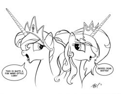 Size: 1600x1241 | Tagged: safe, artist:boxedsurprise, princess celestia, princess luna, g4, alternate hairstyle, bust, lineart, mane swap, monochrome