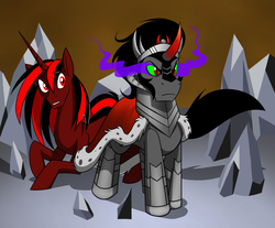 Size: 1032x856 | Tagged: safe, artist:mickeymonster, king sombra, oc, oc:anzu, pony, unicorn, g4, commission, crystal, crystal empire, horn, unicorn oc