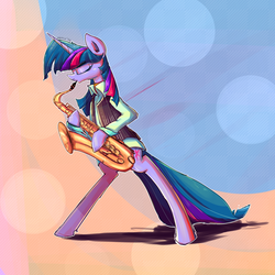 Size: 1400x1400 | Tagged: safe, artist:senx, twilight sparkle, pony, g4, bipedal, clothes, eyes closed, female, hoof hold, musical instrument, saxophone, solo