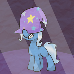 Size: 500x500 | Tagged: safe, artist:rivalcat, trixie, pony, g4, blank flank, cute, female, filly, grin, hat, silly, silly pony, smiling, solo, trixie's hat