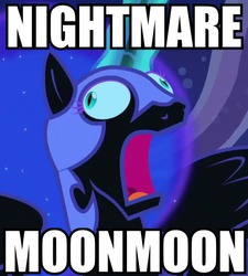 Size: 434x482 | Tagged: safe, edit, nightmare moon, g4, caption, d:, derp, didney worl, faic, female, frown, image macro, magic, majestic as fuck, meme, moon moon, nightmare moon moon, open mouth, roflbot, solo, text, wide eyes