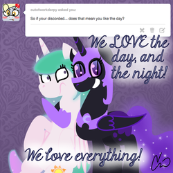 Size: 500x500 | Tagged: safe, artist:rivalcat, nightmare moon, princess celestia, g4, ask, discorded, discordnightmaremoon, frown, grin, looking at you, nicemare moon, smiling, tumblr, wide eyes