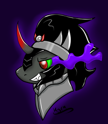 Size: 1600x1836 | Tagged: safe, artist:ckittykat98, king sombra, g4, bust, curved horn, dark magic, grin, horn, magic, male, smiling, solo, sombra eyes
