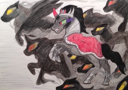 Size: 2188x1534 | Tagged: safe, artist:moonsong18, king sombra, shadow pony, umbrum, g4, dark magic, magic, rearing, shadow, sombra eyes, traditional art