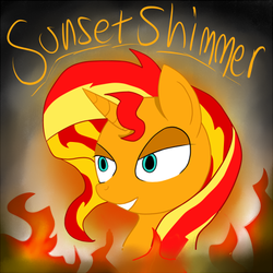 Size: 400x400 | Tagged: safe, artist:viola-symphony, sunset shimmer, pony, unicorn, g4, evil smile, female, fiery shimmer, fire, grin, smiling, solo