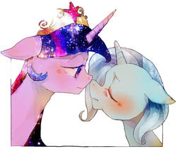 Size: 718x602 | Tagged: safe, artist:chi-hayu, trixie, twilight sparkle, alicorn, pony, g4, blushing, female, immortality blues, lesbian, mare, mortality blues, nuzzling, older, pixiv, ship:twixie, shipping, twilight sparkle (alicorn)