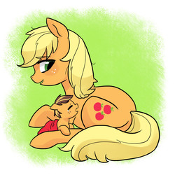 Size: 1500x1500 | Tagged: safe, artist:kianamai, applejack, oc, oc:golden delicious, earth pony, pony, kilalaverse, g4, baby, baby pony, birth, blanket, colt, crying, cute, eyes closed, floppy ears, foal, freckles, hatless, jackabetes, loose hair, male, mama applejack, messy mane, missing accessory, mother and son, newborn, next generation, offspring, open mouth, parent:applejack, parent:caramel, parents:carajack, prone, smiling, weapons-grade cute