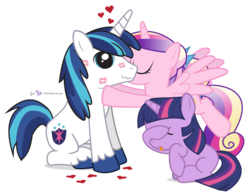 Size: 960x750 | Tagged: safe, artist:dm29, princess cadance, shining armor, twilight sparkle, g4, :p, >~<, cute, cutedance, dilated pupils, disgusted, eyes closed, facehoof, female, frown, heart, kiss mark, kissing, lipstick, male, shining adorable, ship:shiningcadance, shipping, simple background, sitting, smiling, spread wings, straight, tongue out, transparent background, trio, wavy mouth
