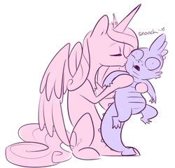 Size: 1030x988 | Tagged: safe, artist:nobody, princess cadance, spike, alicorn, dragon, pony, g4, age difference, baby, baby dragon, cheek kiss, cute, dislike, eyes closed, female, hoof hold, male, open mouth, ship:spikedance, shipping, sitting, spikabetes, spikelove, spread wings, thousand yard stare, wide eyes
