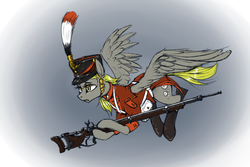 Size: 1000x666 | Tagged: safe, artist:madhotaru, derpy hooves, pegasus, pony, g4, clothes, female, gun, hat, mare, military, musket, shako, solo, uniform