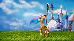 Size: 1919x1075 | Tagged: safe, artist:bronyjunk, princess celestia, g4, armor, canterlot, female, polearm, solo, warrior, warrior celestia, weapon