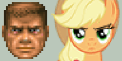 Size: 512x256 | Tagged: safe, applejack, g4, angry, animated, doom, doom guy, female, frown, glare, gritted teeth, looking at you, male, parody, pixelated, raised eyebrow, status bar face, suspicious, synchronized, unconvinced applejack