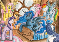 Size: 2312x1637 | Tagged: safe, artist:souleatersaku90, applejack, fluttershy, pinkie pie, princess luna, rainbow dash, rarity, twilight sparkle, g4, bed, commission, fanfic, fanfic art, golden oaks library, mane six, the simple life, traditional art, watercolor painting