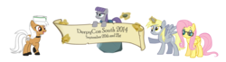 Size: 3550x975 | Tagged: safe, derpy hooves, fluttershy, maud pie, tom, oc, oc:beignet, g4, boulder, convention, derpycon south, muffin, old banner, princess derpy, race swap