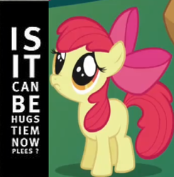 Size: 379x386 | Tagged: safe, apple bloom, g4, adorabloom, bronybait, cute, female, hug, is it can be hugs tiem now plees, meme, solo