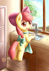 Size: 2430x3507 | Tagged: safe, artist:dyoung, apple bloom, earth pony, pony, g4, adorabloom, apron, bipedal, clothes, cute, dishes, eye clipping through hair, female, filly, high res, open mouth, pixiv, sink, solo, washing