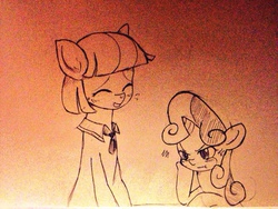 Size: 1024x768 | Tagged: safe, artist:hebibox, coco pommel, sweetie belle, g4, cross-popping veins, monochrome, sketch, traditional art