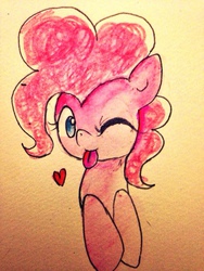 Size: 768x1024 | Tagged: safe, artist:hebibox, pinkie pie, g4, female, simple background, solo, tongue out, traditional art, wink